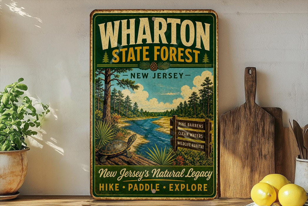 A vintage-style sign for Wharton State Forest in New Jersey, featuring a scenic illustration of a river, pine trees, and wildlife.