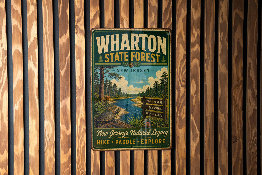 A vintage metal sign for Wharton State Forest in New Jersey, featuring a scenic illustration of a forest and a river.