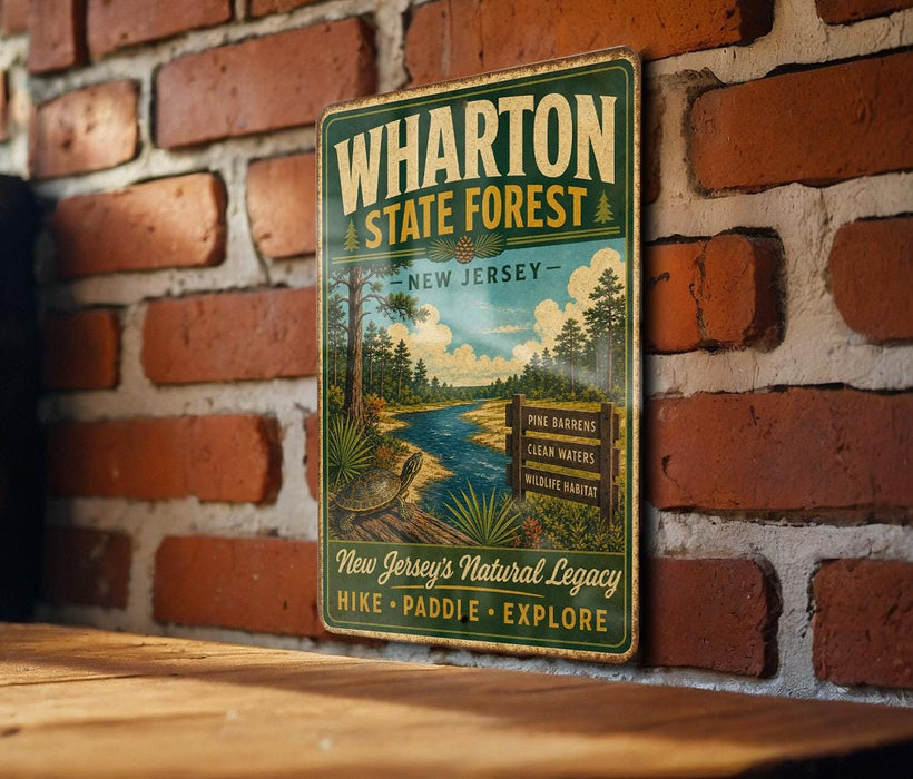A vintage-style metal sign for Wharton State Forest in New Jersey, featuring a scenic illustration of a river, pine trees, and a sign for the Pine Barrens Clean Waters Wildlife Habitat.