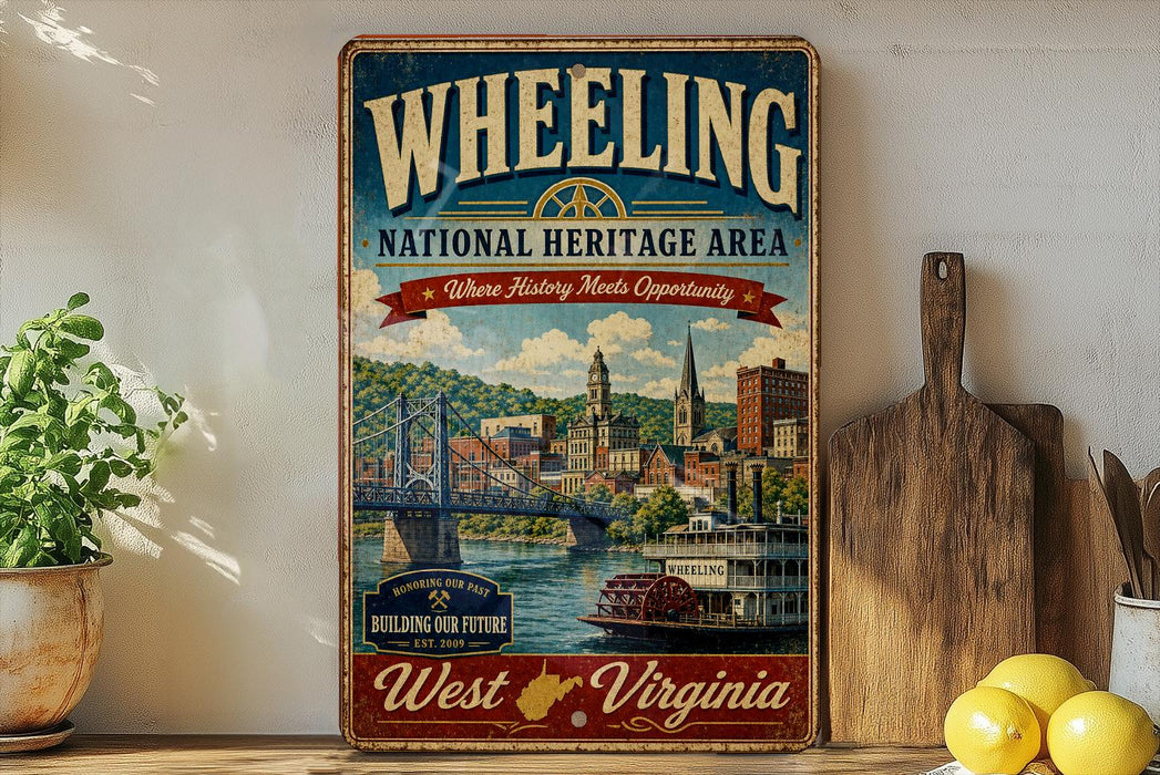 A vintage-style metal sign for the Wheelling National Heritage Area, featuring an illustration of a cityscape with a river and a bridge.