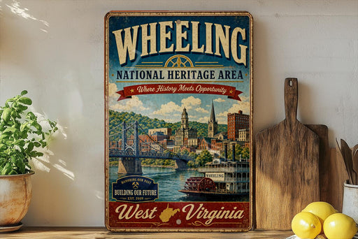A vintage-style metal sign for the Wheelling National Heritage Area, featuring an illustration of a cityscape with a river and a bridge.