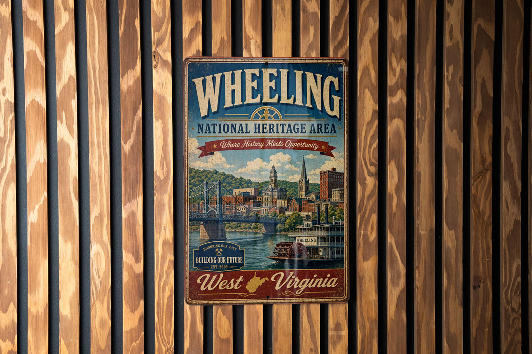 A vintage-style metal sign for the Wheeling National Heritage Area in West Virginia, featuring a scenic illustration of the area and text promoting the region's history and future.