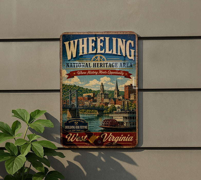 A vintage-style metal sign for the Wheelling National Heritage Area in West Virginia, featuring a cityscape and a river.