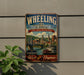 A vintage-style metal sign for the Wheelling National Heritage Area in West Virginia, featuring a cityscape and a river.