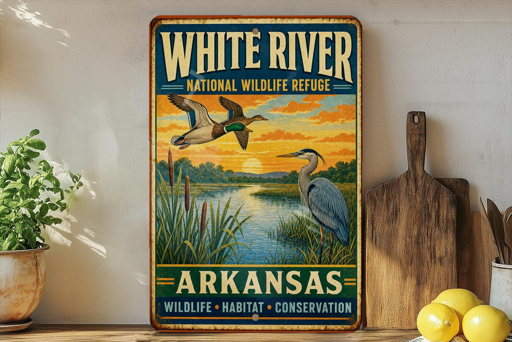A vintage-style metal sign for the White River National Wildlife Refuge in Arkansas, featuring an illustration of ducks and a sunset over a river.
