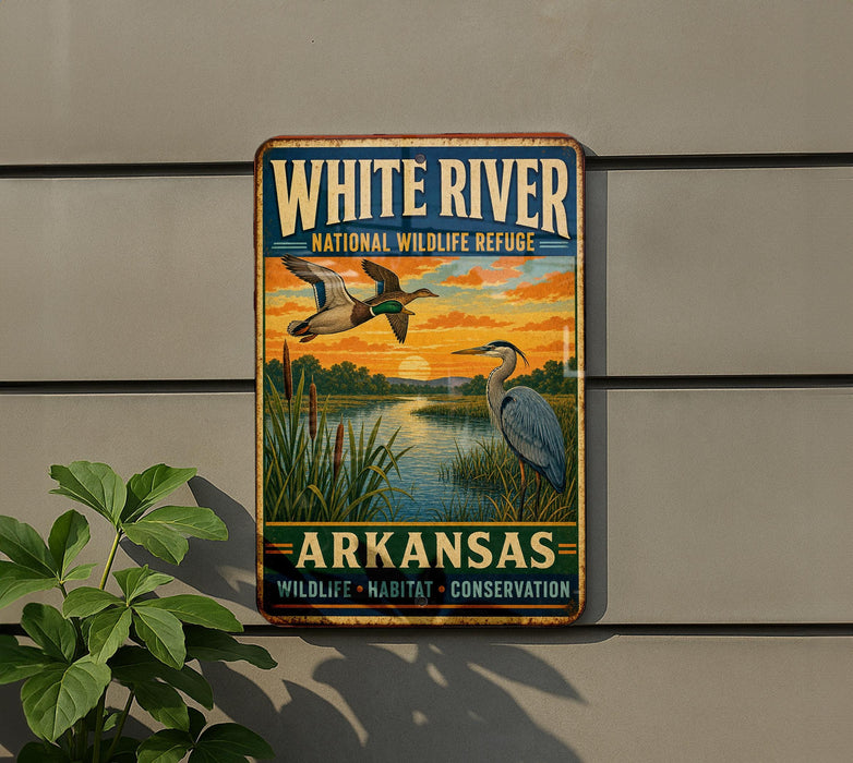 A vintage-style metal sign for the White River National Wildlife Refuge in Arkansas, featuring an illustration of ducks and a sunset over a river.