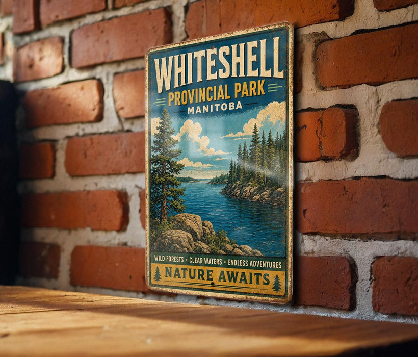 A vintage-style metal sign for Whitheshell Provincial Park, Manitoba, featuring a scenic landscape with pine trees, a lake, and mountains.