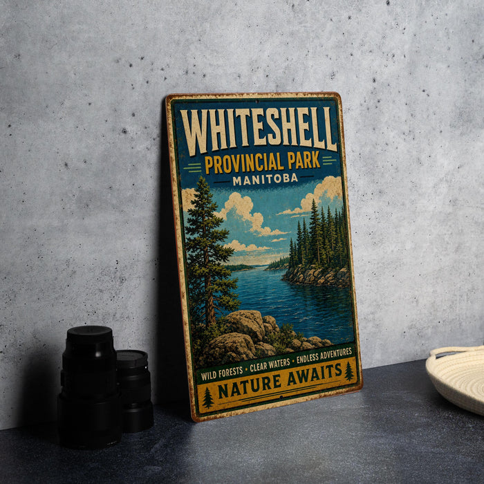 A vintage-style metal sign for Whitheshell Provincial Park, Manitoba, featuring a scenic landscape with pine trees, a lake, and mountains.