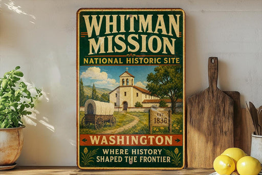 A vintage-style sign for the Whitman Mission National Historic Site, featuring an illustration of a historic building and wagon, with the text "WHITMAN MISSION" and "NATIONAL HISTORIC SITE" prominently displayed.