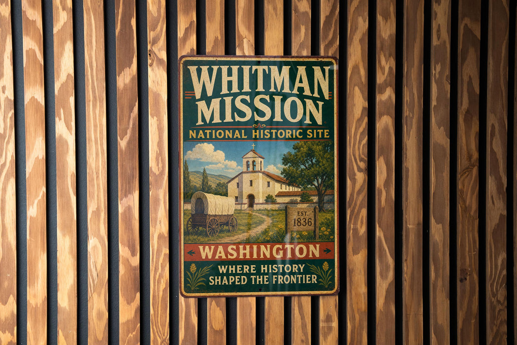 A vintage-style metal sign for the Whitman Mission, a historic site in Washington, with a picture of a building and a sign that says "Est 1836".