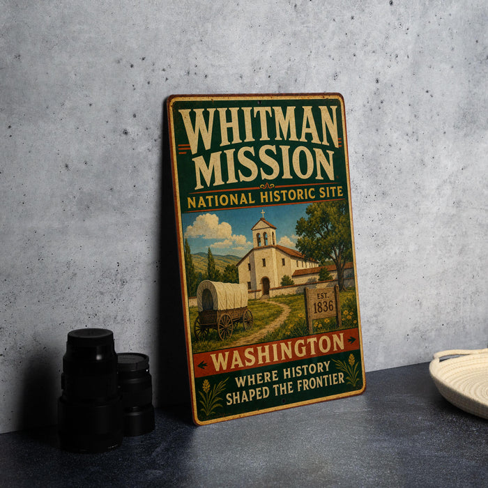 A vintage-style metal sign for Whitman Mission, a historic site in Washington, with an illustration of a building and a wagon.