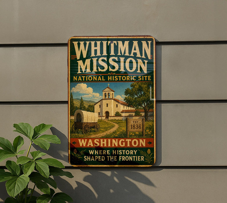 A metal sign on a wall that reads "WHITMAN MISSION NATIONAL HISTORIC SITE WASHINGTON" with a picture of a building and a wagon.