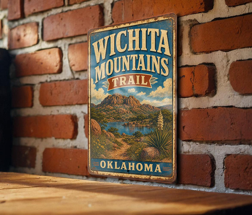 A vintage metal sign with the text "WICHITA MOUNTAINS TRAIL" and "OKLAHOMA" is displayed on a brick wall.