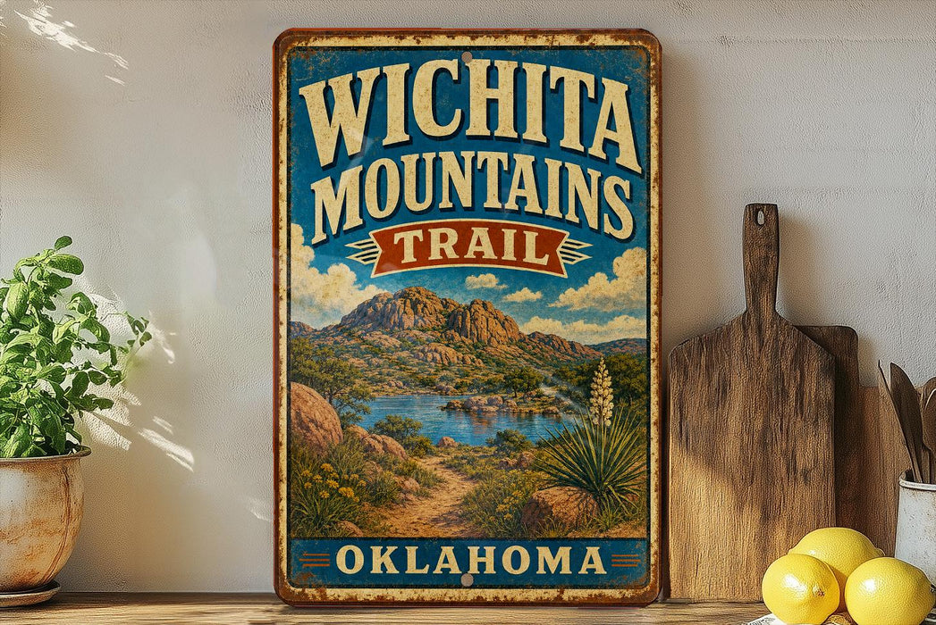 A vintage-style sign for the "Wichita Mountains Trail" in Oklahoma, featuring a scenic landscape with mountains, a river, and desert vegetation.