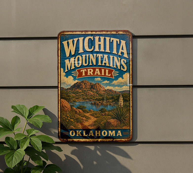 A vintage-style metal sign with the text "WICHITA MOUNTAINS TRAIL" and "OKLAHOMA" printed on it, mounted on a wall next to a plant.