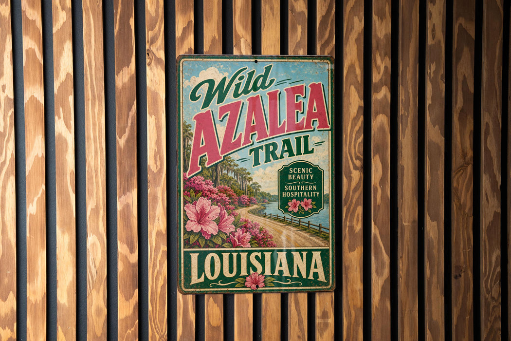 A vintage-style metal sign for the Wild Azalea Trail in Louisiana, featuring a scenic landscape with a road and flowers.
