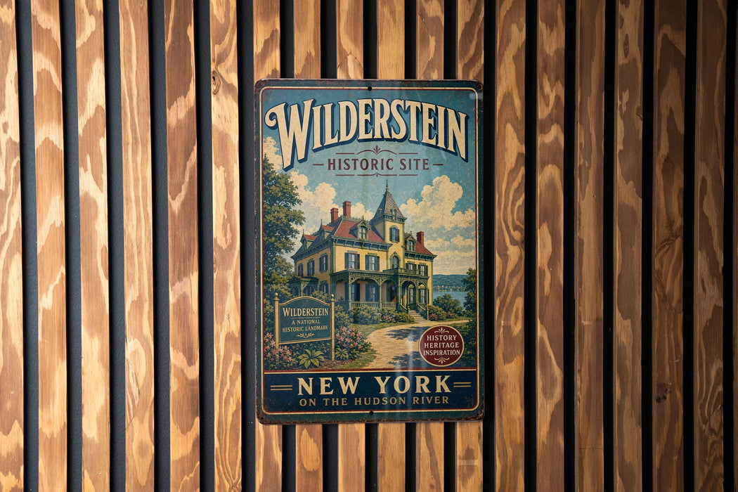 A vintage metal sign for Wilderstein Historic Site, featuring a large illustration of a historic building and the text "Wilderstein Historic Site NEW YORK ON THE HUDSON RIVER".