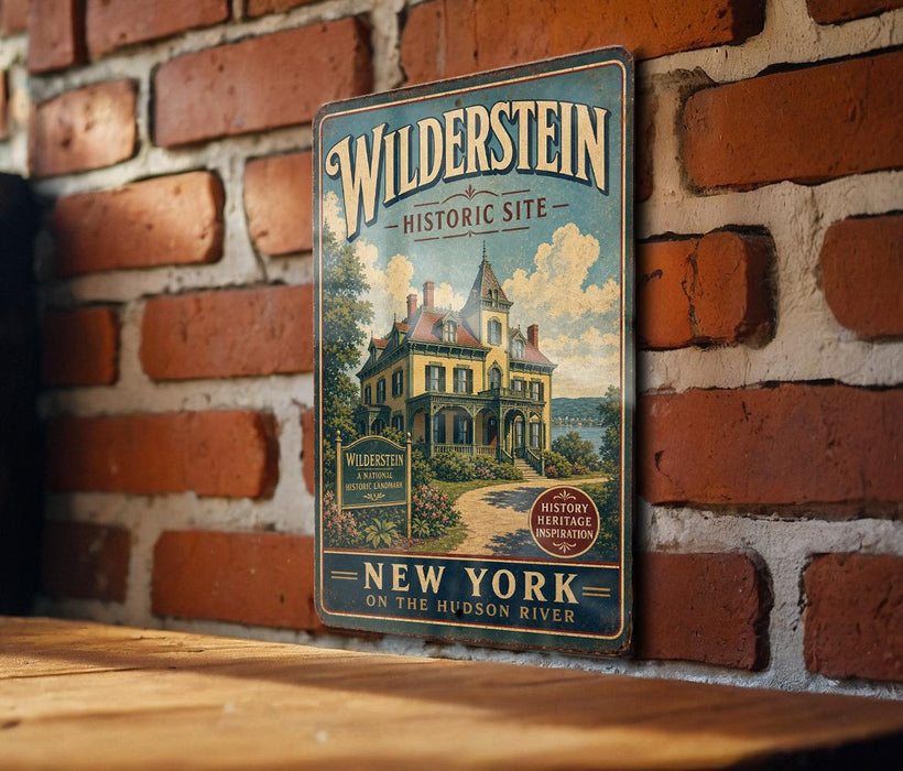 A vintage-style metal sign for the Wilderstein Historic Site in New York, featuring a large illustration of a historic building on the Hudson River.