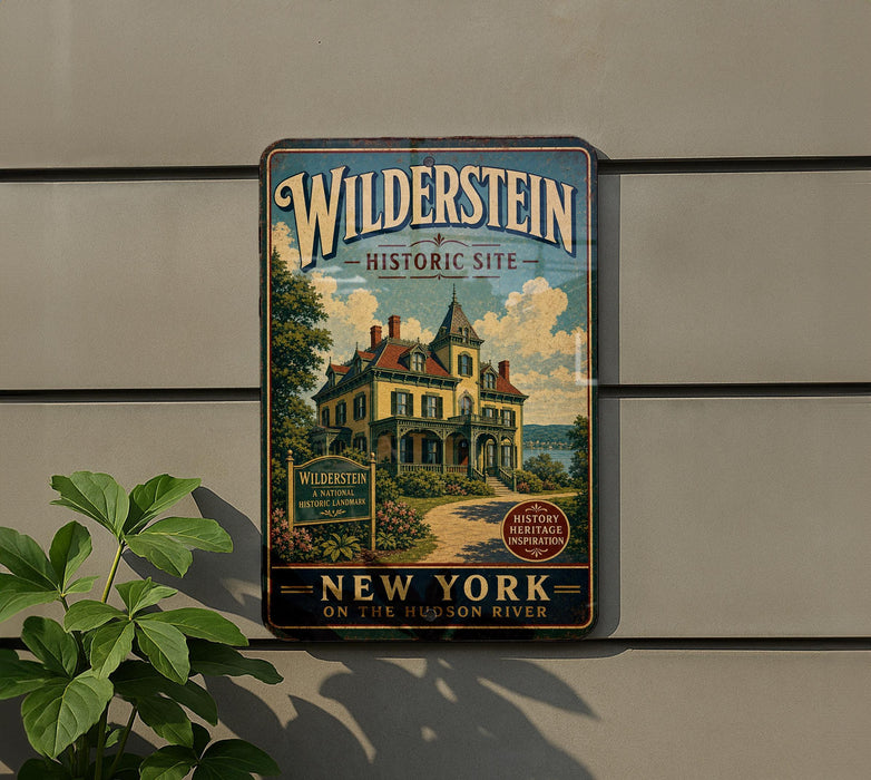 A vintage-style metal sign for Wildstein Historic Site, featuring a large illustration of a house on the Hudson River.