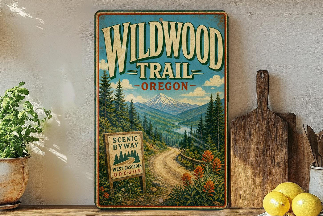 a vintage-style metal sign with a scenic mountain landscape, surrounded by a wooden cutting board and a potted plant.