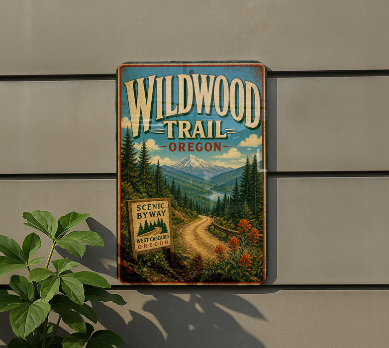 A vintage-style metal sign for the Wildwood Trail in Oregon, featuring a scenic mountain landscape with pine trees, flowers, and a winding road.