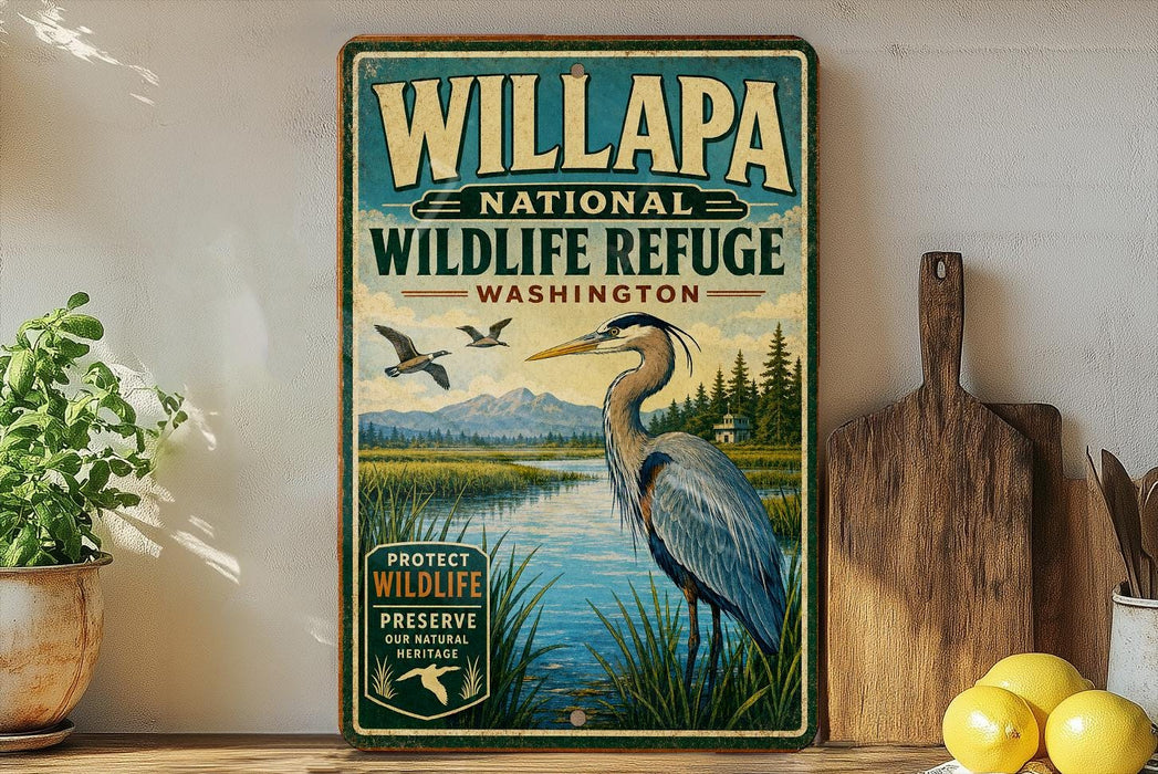 A vintage-style metal sign for Willapa National Wildlife Refuge in Washington, featuring an illustration of a bird standing on a grassy bank overlooking a river.