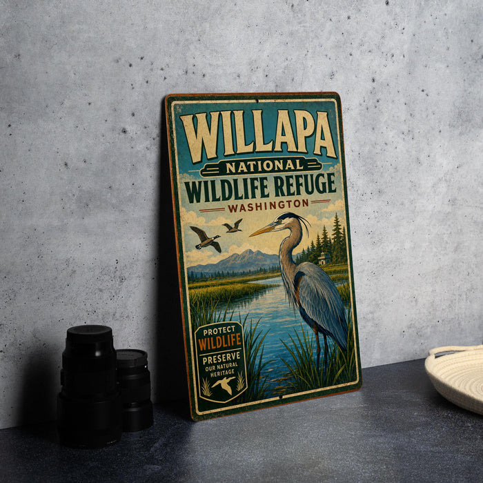 A vintage-style metal sign for the Willapa National Wildlife Refuge in Washington, featuring an illustration of a crane and a lake surrounded by mountains.