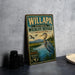 A vintage-style metal sign for the Willapa National Wildlife Refuge in Washington, featuring an illustration of a crane and a lake surrounded by mountains.