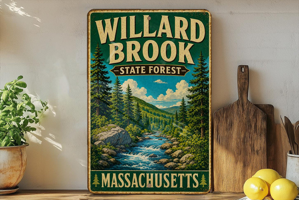 A vintage-style sign for Willard Brook State Forest in Massachusetts, featuring a scenic illustration of a forest and a river.