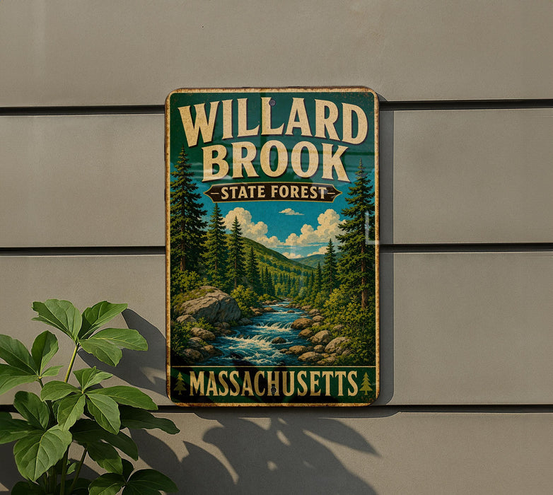 A vintage metal sign for Willard Brook State Forest in Massachusetts, featuring a scenic illustration of a forest and a river.