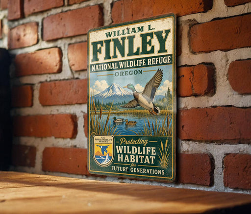 A vintage-style sign for the National Wildlife Refuge in Oregon, featuring a bird in flight and a scenic landscape.