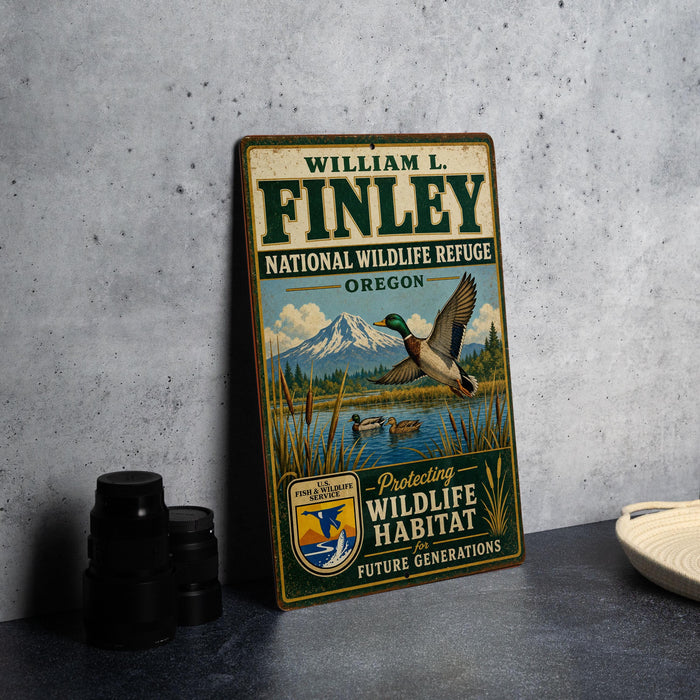 A vintage-style metal sign for the National Wildlife Refuge in Oregon, featuring an illustration of a bird in flight and a mountain landscape.