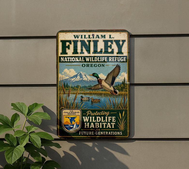 A vintage-style sign for the National Wildlife Refuge in Oregon, featuring a bird in flight and a landscape with a mountain in the background.