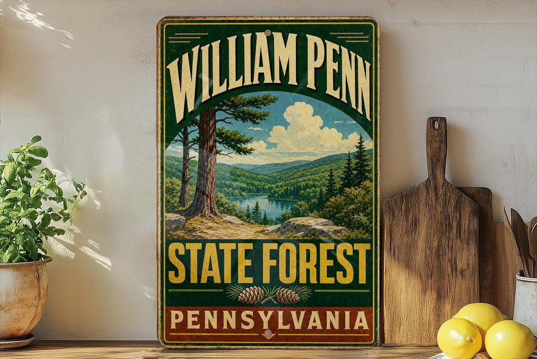 A vintage-style sign for William Penn State Forest in Pennsylvania, featuring a scenic landscape with pine trees, mountains, and a river.