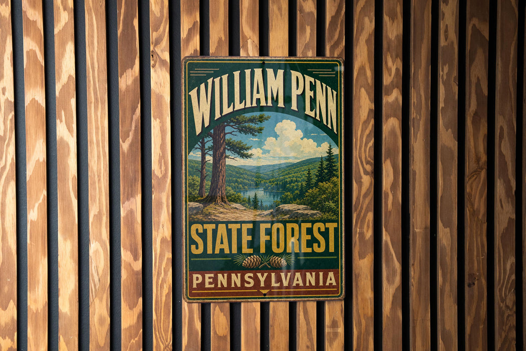 A vintage-style metal sign for William Penn State Forest in Pennsylvania, featuring a scenic landscape with pine trees and a lake.