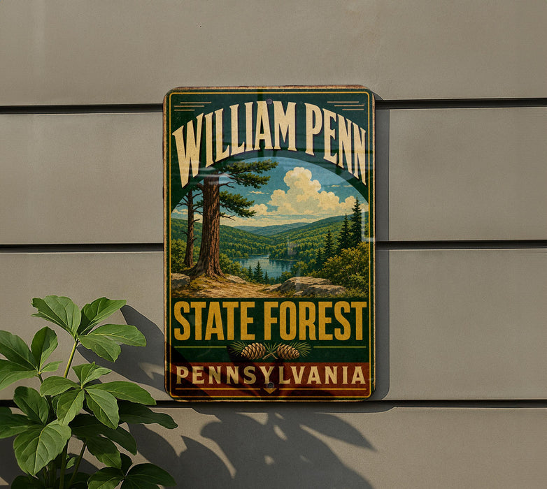A metal sign with the text "William Penn State Forest Pennsylvania" displayed on a wall, featuring a scenic landscape with pine trees and a lake.
