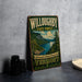 A vintage-style metal sign for Willoughby State Forest in Vermont, featuring a scenic landscape with mountains, trees, and a lake.