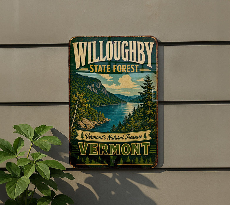 A vintage-style metal sign for Willoughby State Forest in Vermont, featuring a scenic mountain landscape with a lake and pine trees.