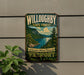 A vintage-style metal sign for Willoughby State Forest in Vermont, featuring a scenic mountain landscape with a lake and pine trees.