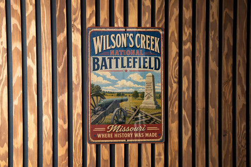 A vintage metal sign for Wilson's Creek National Battlefield in Missouri, featuring a cannon and a monument, mounted on a wooden wall.