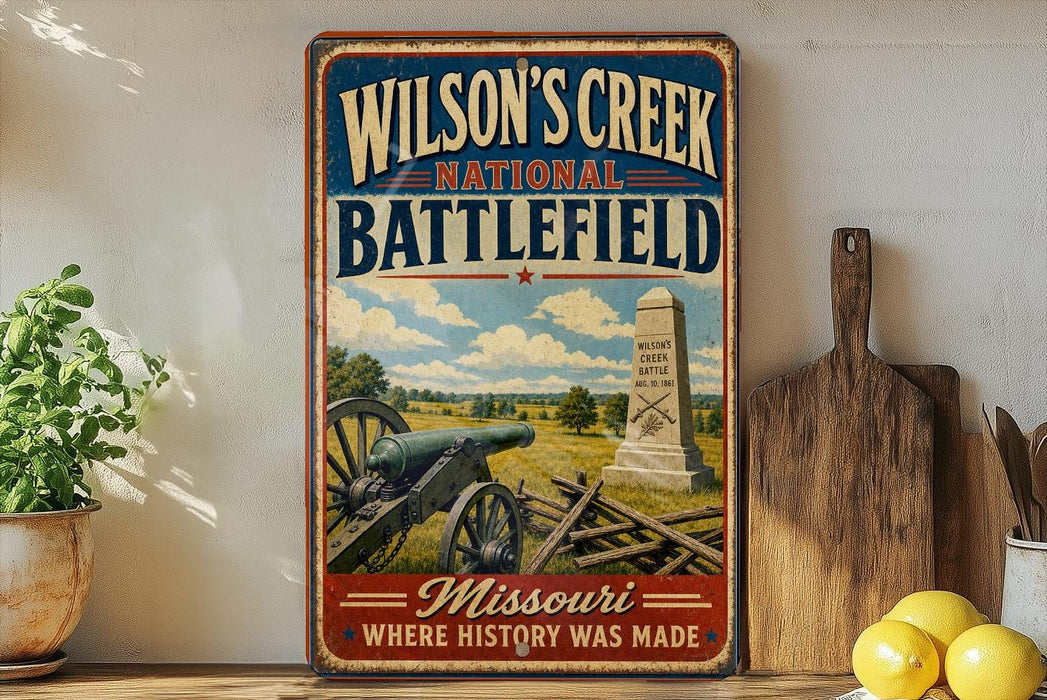 A vintage-style metal sign for Wilson's Creek National Battlefield in Missouri, featuring a cannon and a monument, is displayed on a shelf next to a wooden cutting board and some lemons.