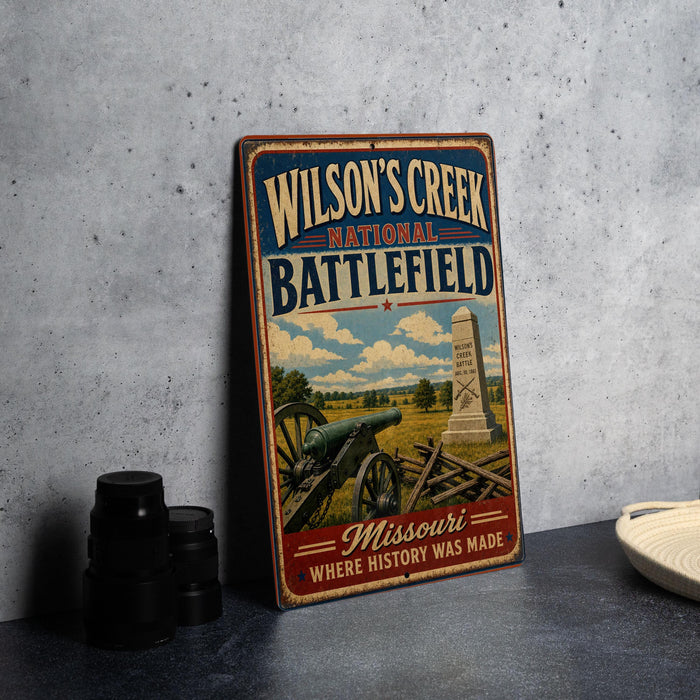 A vintage metal sign for Wilson's Creek National Battlefield, featuring a cannon and a monument, is displayed on a gray countertop.