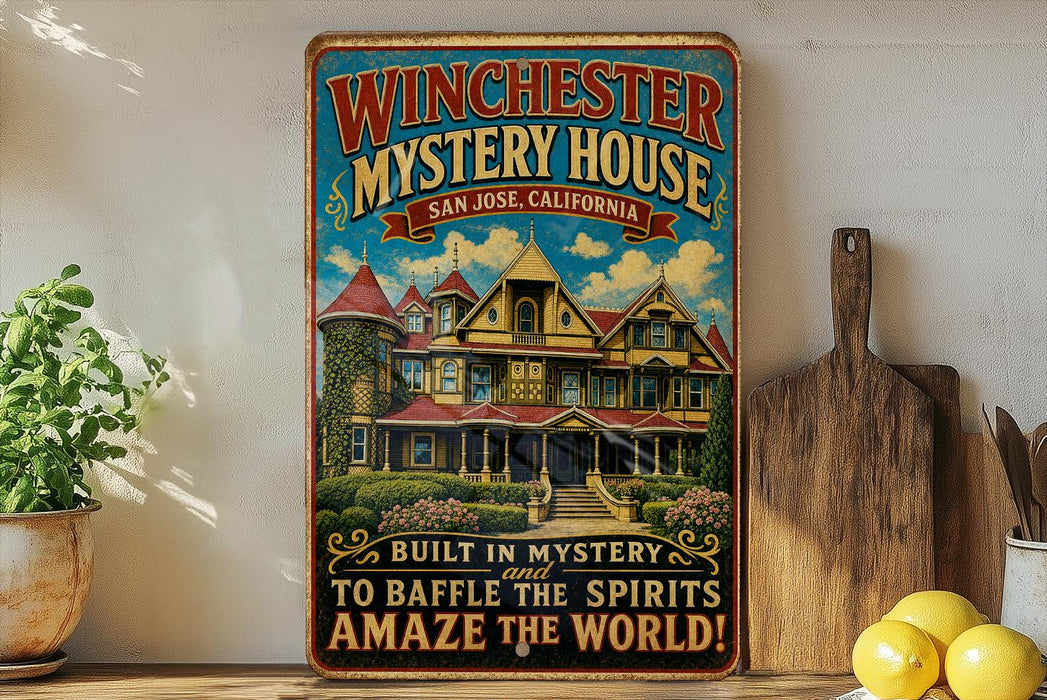 A vintage-style metal sign for the Winchester Mystery House in San Jose, California, featuring an illustration of the house and the text "Built in Mystery and to Baffle the Spirits Amaze the World!"