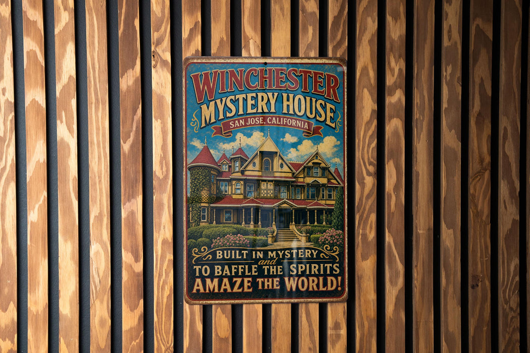A vintage metal sign for the Winchester Mystery House in San Jose, California, featuring an illustration of the house and the text "Built in Mystery to Baffle the Spirits Amaze the World!"