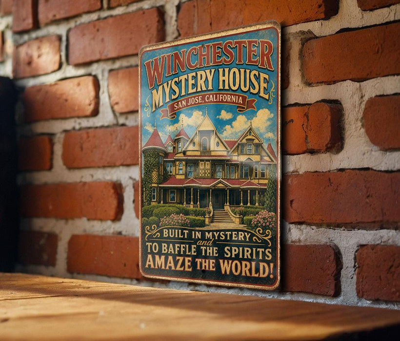 A vintage metal sign for Winchester Mystery House in San Jose, California, mounted on a brick wall.