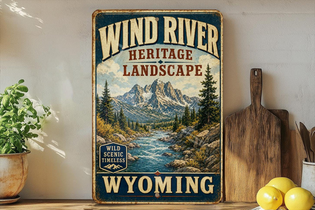 A vintage-style sign advertising the Wind River Heritage Landscape in Wyoming, featuring a scenic mountain landscape with a winding river.