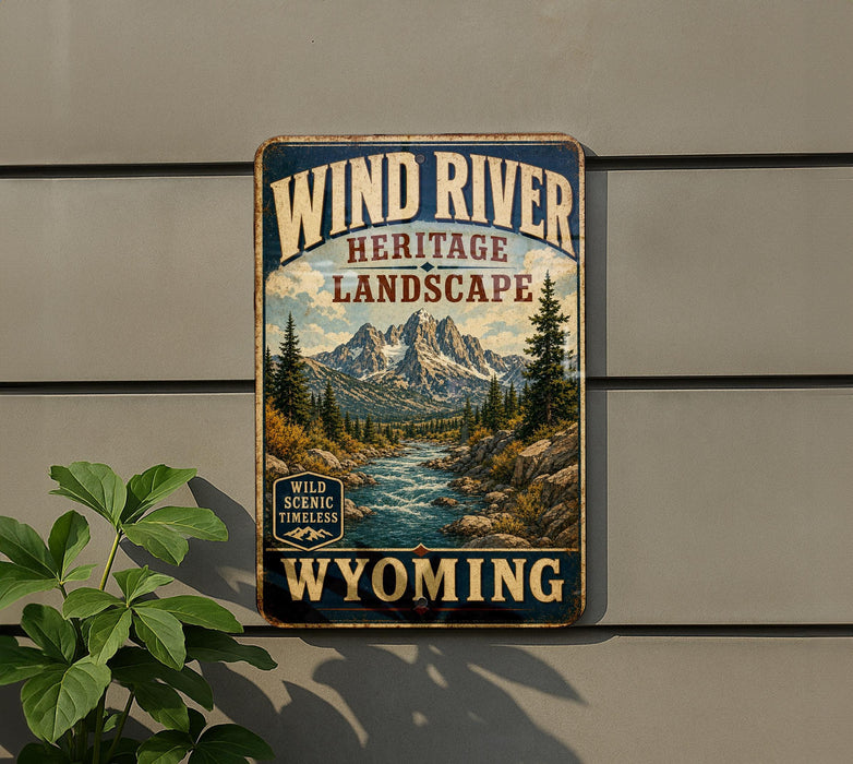 A vintage-style metal sign advertising the Wind River Heritage Landscape in Wyoming, featuring a scenic mountain landscape with a river and pine trees.