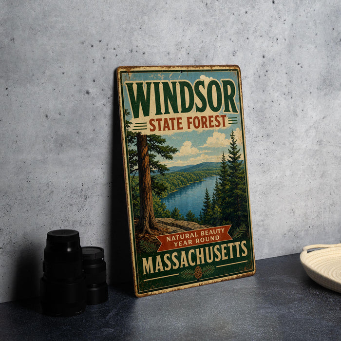 A vintage metal sign advertising Windsor State Forest in Massachusetts, featuring a scenic illustration of a forest and a lake.