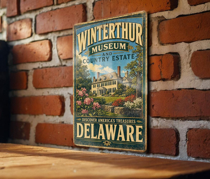 A vintage-style metal sign for the Winterthur Museum and Country Estate in Delaware, featuring a large illustration of a historic building surrounded by flowers and greenery.