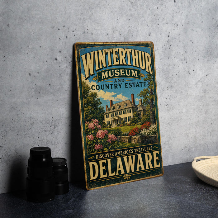 A vintage-style sign for the Winterthur Museum and Country Estate in Delaware, featuring an illustration of a historic building surrounded by flowers and greenery.